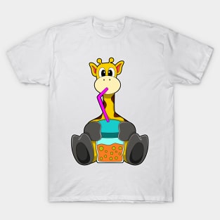 Giraffe at Drinking with Drinking straw T-Shirt